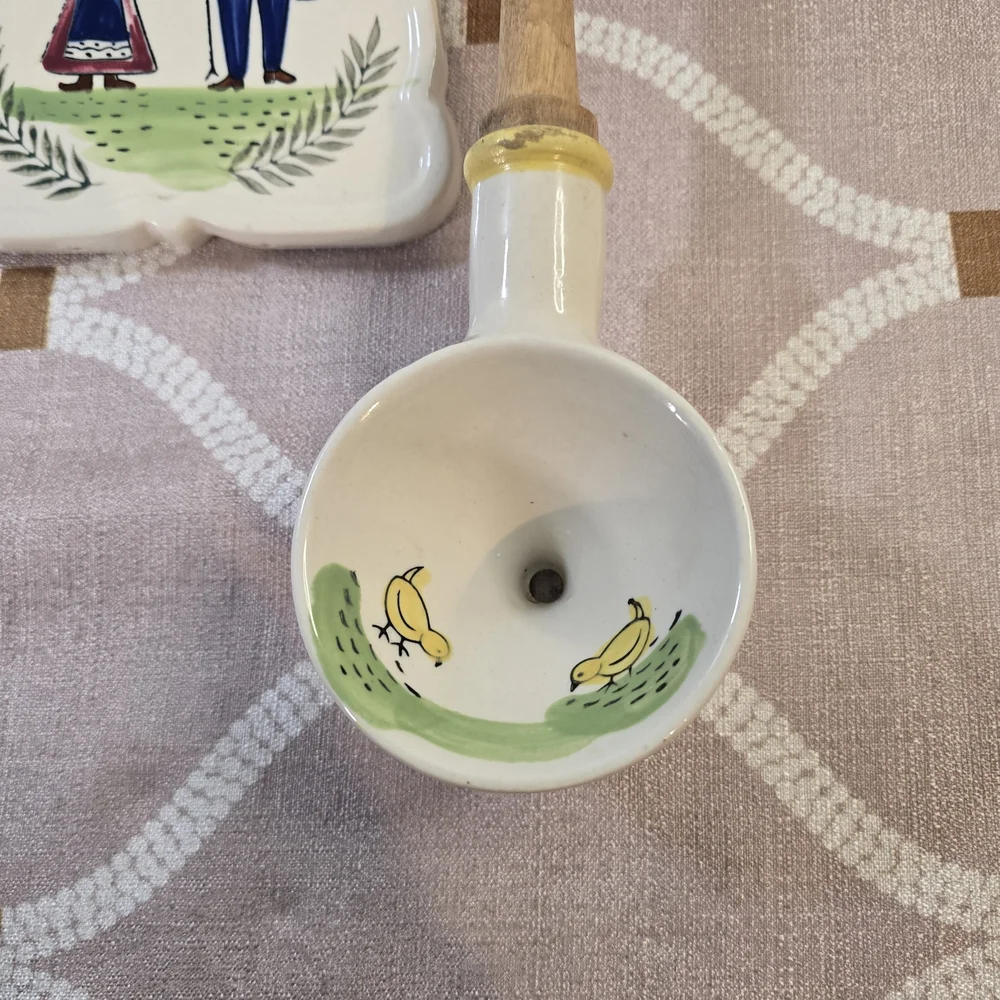Vintage Hand Painted Wood Handle Gourmet Set w/ Rack Folk Art Trivet